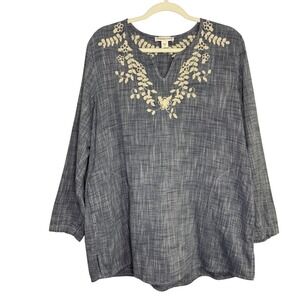 Coldwater Creek cotton chambray color long sleeve‎ floral embroidered tunic. L